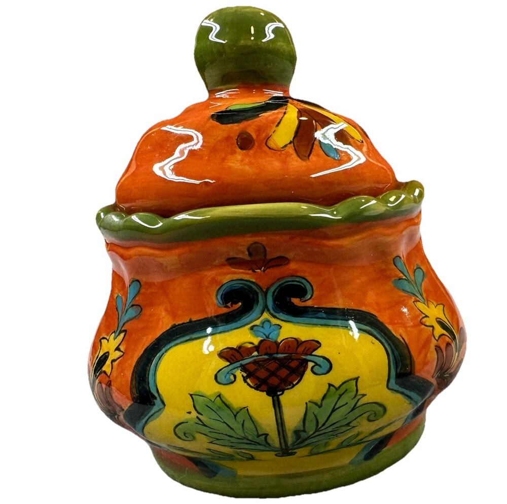 Talavera Ceramic Lidded Canister Hand Painted Orange Green Floral Pottery Jar